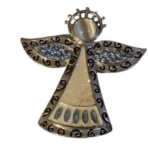 Vintage KC Kenneth Cole Angel Brooch Blue Rhinestone Wings Glitter Enamel Pin